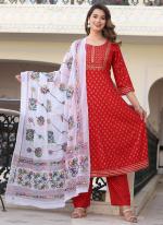 Rayon Red Traditional Wear Printed Readymade Salwar Suit